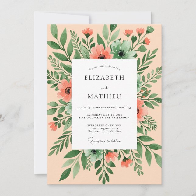Peach Breezy Watercolor Wedding Inbjudningar (Framsida)