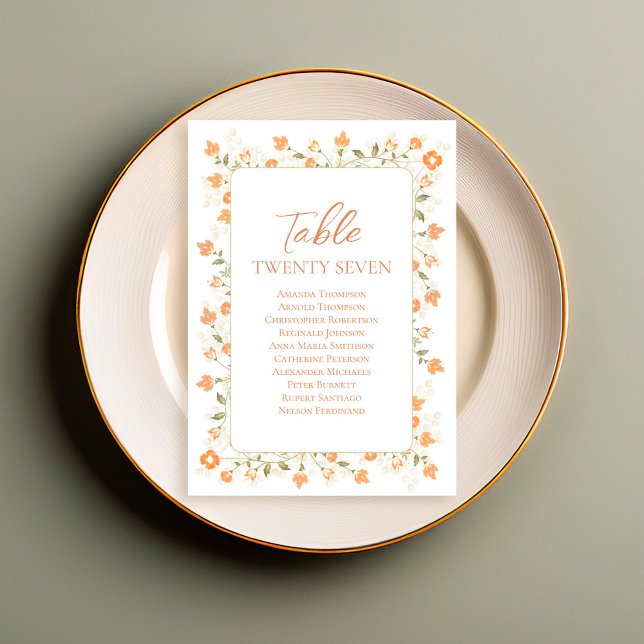 Peach Bröllop Bordsnummer Blommigt Anpassningsbar (Wedding peach floral table number with calligraphy script.)