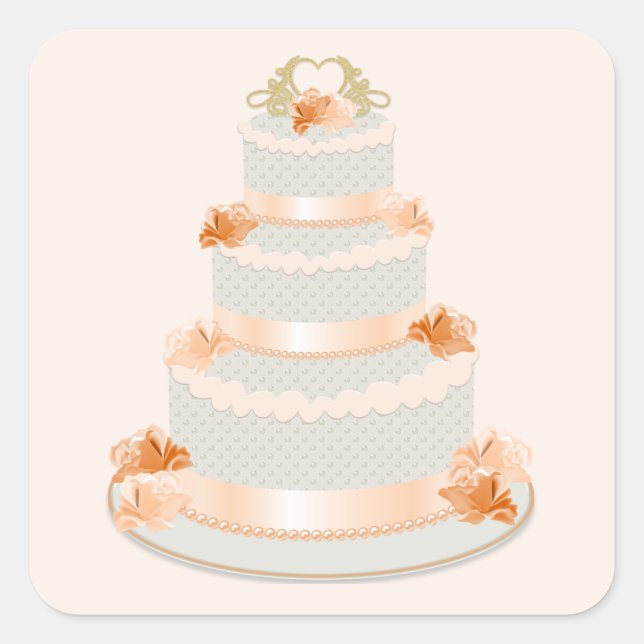 Peach Bröllop Cake Sticker Fyrkantigt Klistermärke (Framsida)