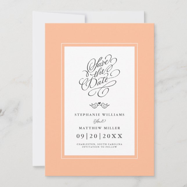 Peach Bröllop Calligraphy Modern Printable Digital Spara Datumet (Framsida)
