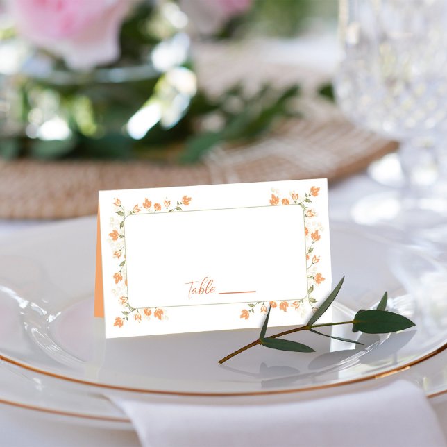 Peach Bröllop Guest Namn och Bordsnummer Placeringskort (Peach floral foliage calligraphy script table number card.)
