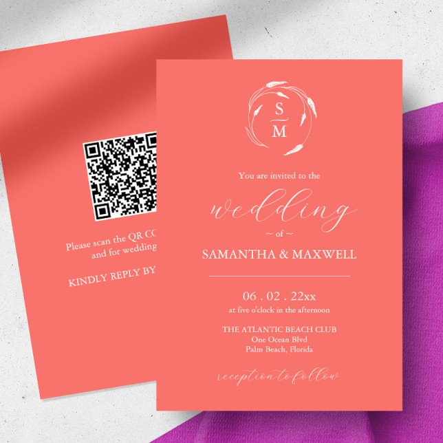 Peach-bröllopsinbjudan med QR-kod Inbjudningar (wedding invitation peach QR code monogram line art by Victoria Grigaliunas of Do Tell A Belle)