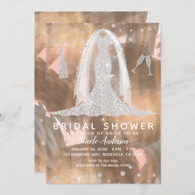 Peach Bronze Diamond Bröllop Dress, Möhippa Inbjudningar (Fram/baksida)