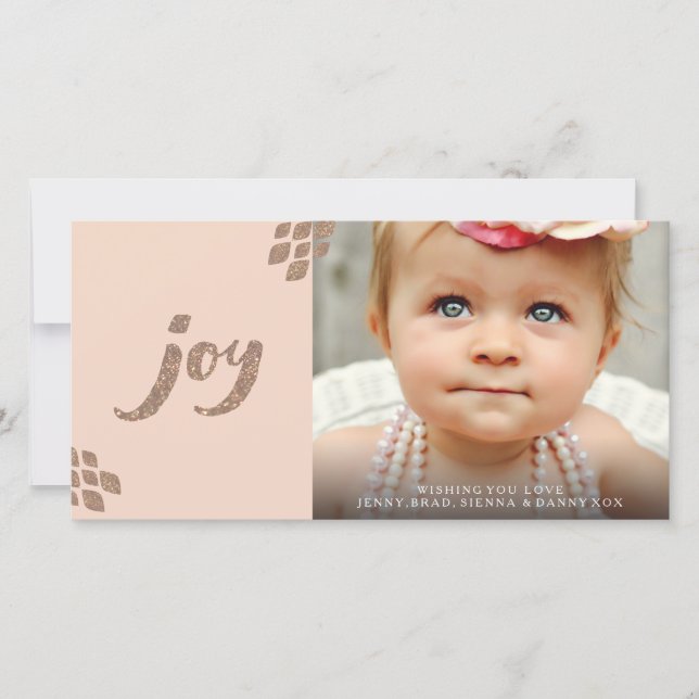Peach & Bronze Glitter Joy Julafton-fotokort Julkort (Framsida)