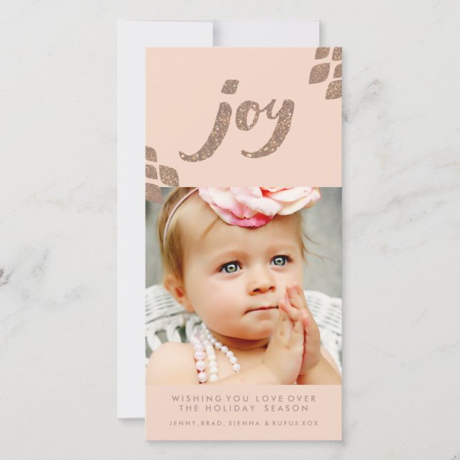 Peach & Bronze Glitter Joy Julafton-fotokort Julkort (Framsida)