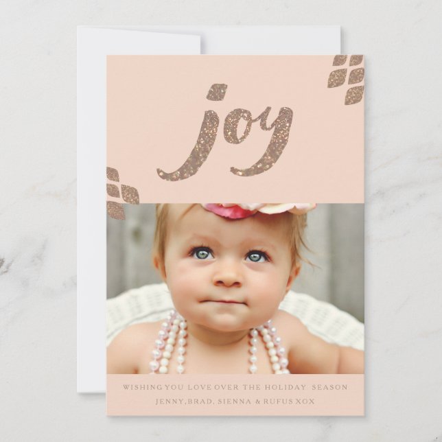 Peach & Bronze Glitter Joy Julafton-fotokort Julkort (Framsida)