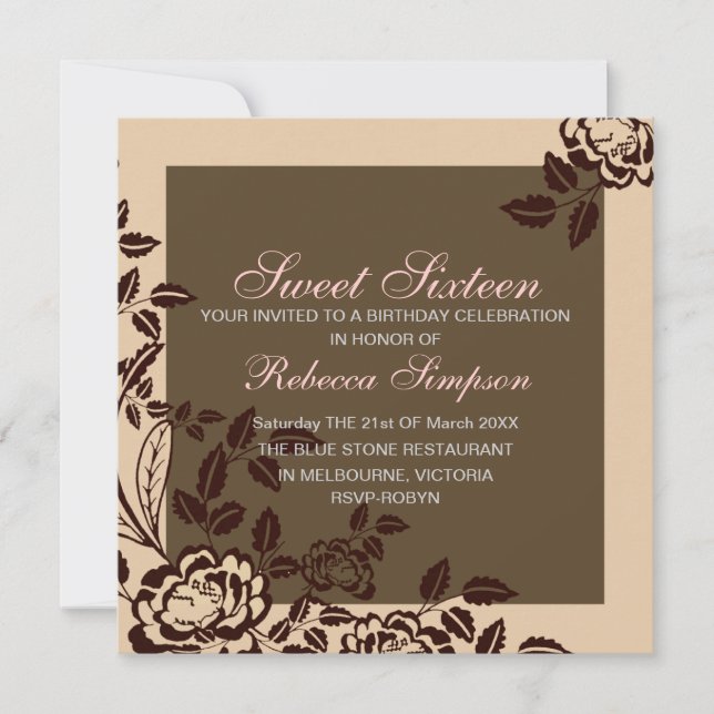 Peach & Brown Ro Sweet 16 födelsedagsinbjudan Inbjudningar (Framsida)
