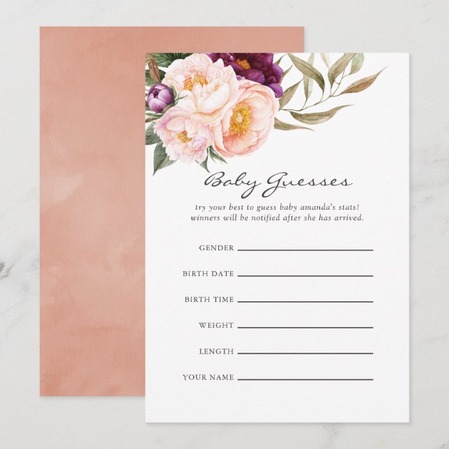 Peach & Burgundy Blommigt Baby Shower Guessing Gam Inbjudningar (Fram/baksida)