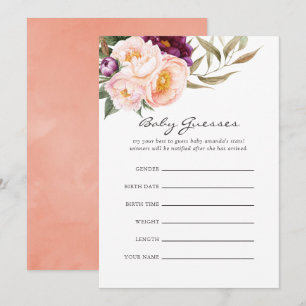 Peach & Burgundy Blommigt Baby Shower Guessing Gam Inbjudningar