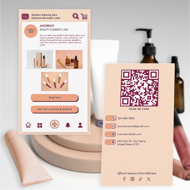 Peach Burgundy Brand Beauty Cosmetic QR Code Techy Visitkort (Skapare uppladdad)