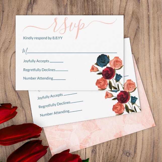 Peach, Burgundy, Teal Grönt Ro OSA Adapter Rådkort (summer sangria wine burgundy red peach wedding rsvp enclosure cards outdoor garden wedding botanical)