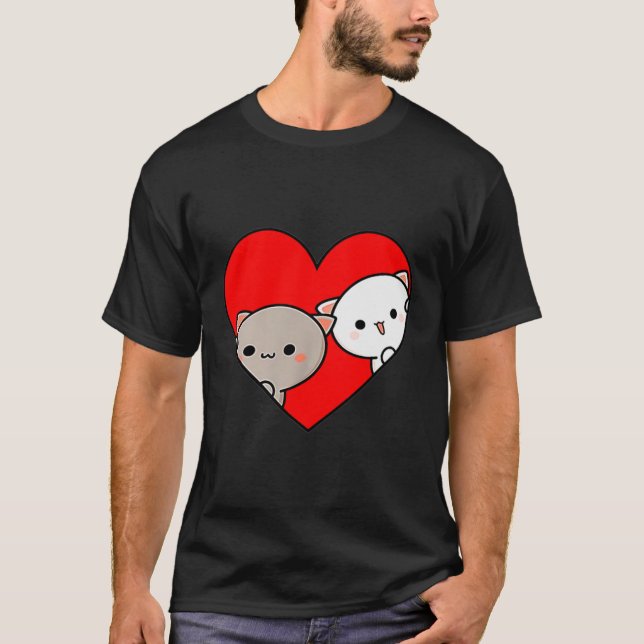 Peach Cartoon Love Goma Cat Valentine’s Day Heart  T Shirt (Framsida)