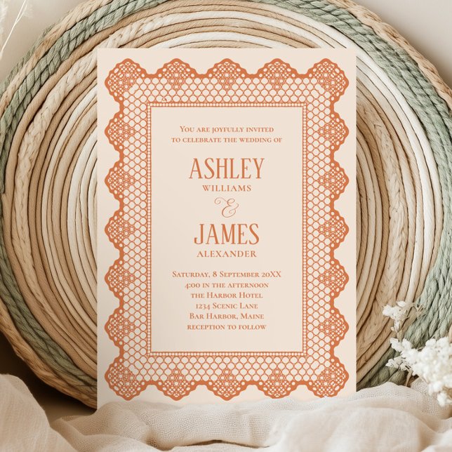 Peach Chantilly Lace Border All in One Wedding Inbjudningar (Skapare uppladdad)