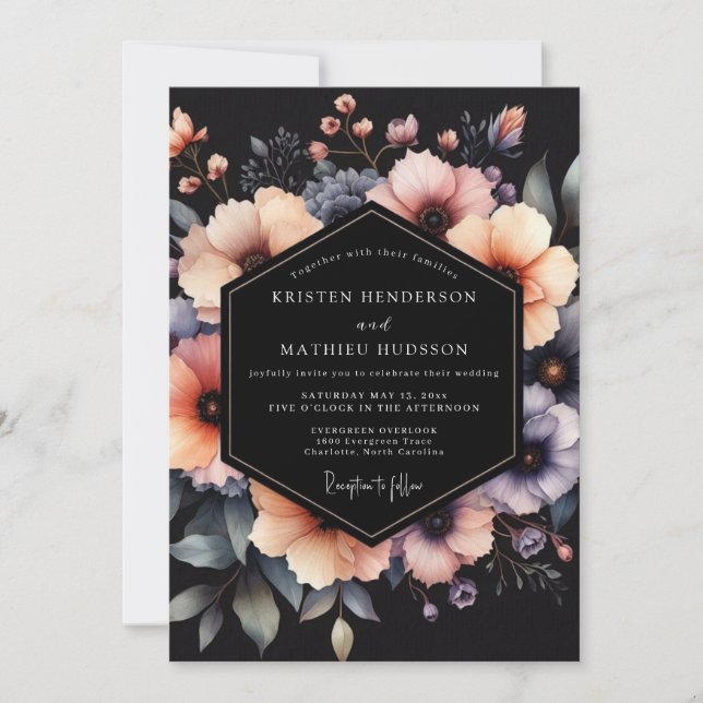 Peach Charcoal Dramatic Bloom Wedding Inbjudningar (Framsida)
