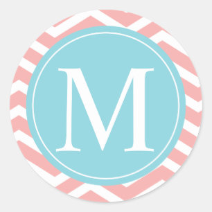 Peach Chevron Blue Monogram Runt Klistermärke