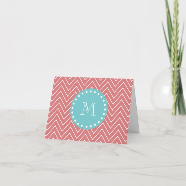 Peach Chevron Mönster | Teal Monogram Anteckningskort (Framsida)
