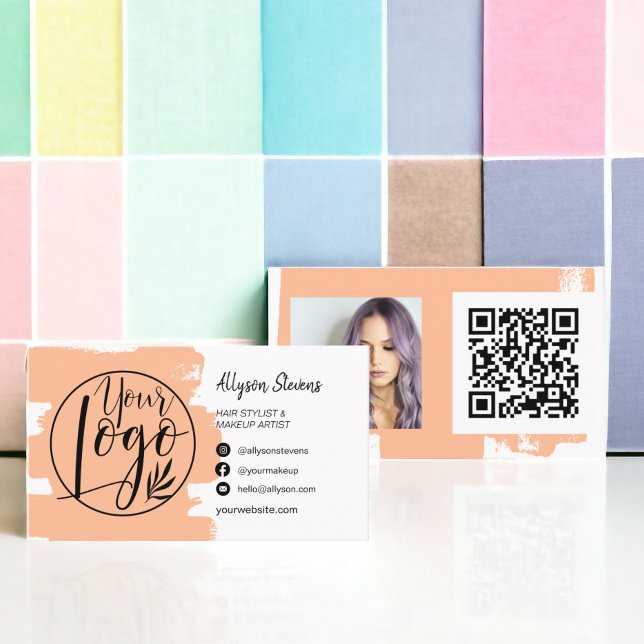 Peach chic Push-hårmakeup-fotot logotyp qkod Visitkort (Peach chic brush hair makeup photo logo qr code business card)
