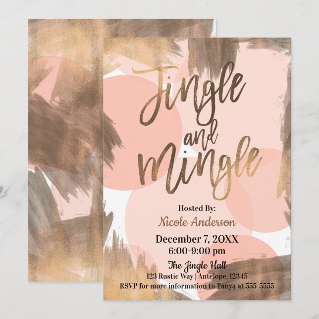 Peach Copper Bronze Modern Jingle & Mingle Party Inbjudningar (Fram/baksida)