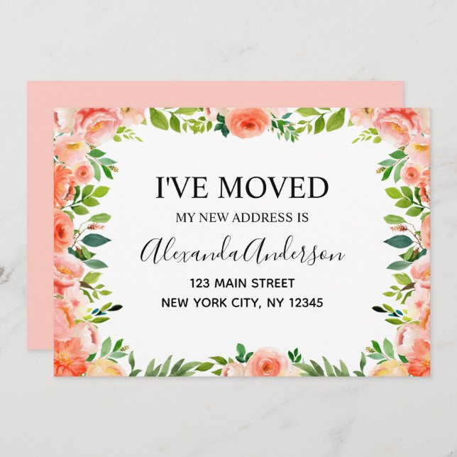 Peach Coral Blommigt Flytta Announcement Inbjudningar (Fram/baksida)