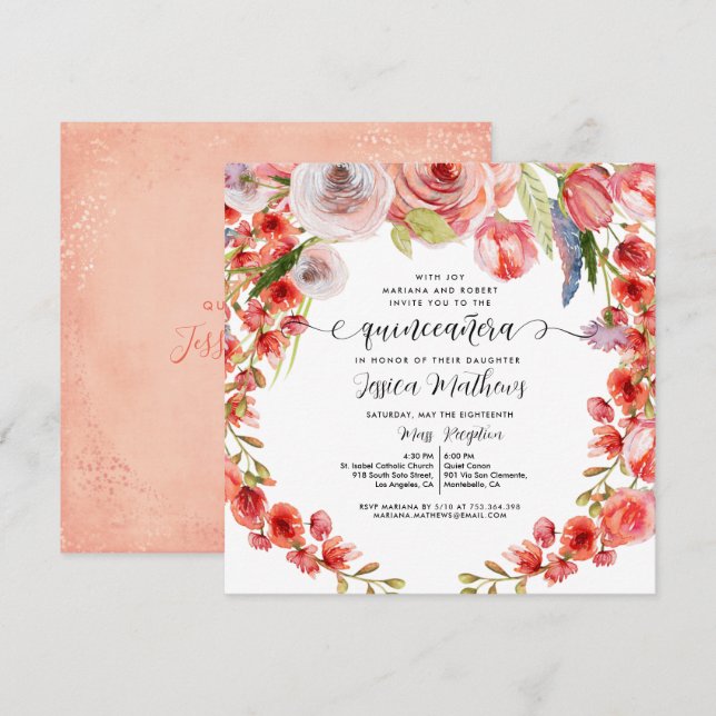 Peach Coral Blommigt och Glitter Quinceañera Inbjudningar (Fram/baksida)