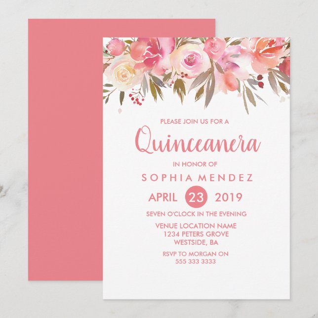 Peach Coral Flowers Quinceanera Födelsedagsfest Inbjudningar (Fram/baksida)
