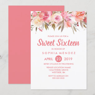 Peach Coral Flowers Sweet 16 Födelsedagsfester Inbjudningar