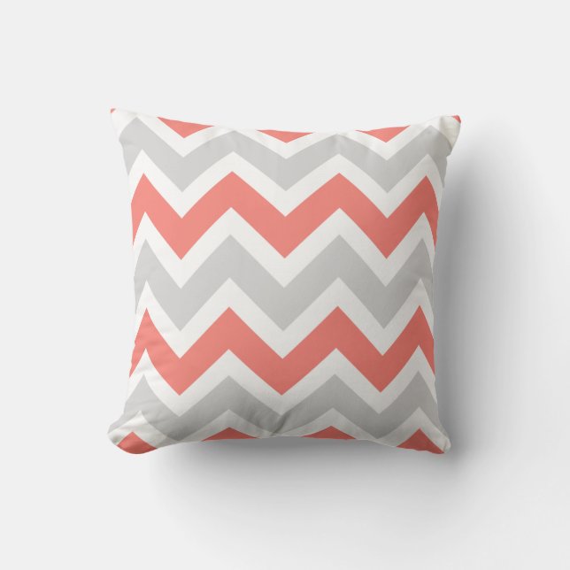Peach Coral Grått White Chevron Zigzag Mönster Kudde (Framsida)