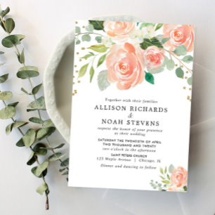 Peach coral greenery sommaren vår blommigt bröllop inbjudningar
