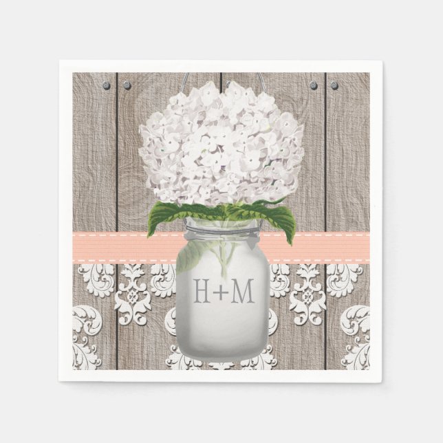 Peach Coral Monogrammed White Hydrangea Mason Burk Pappersservett (Framsidan)