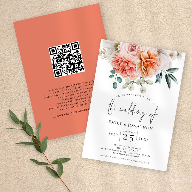 Peach Coral Peonies Blommigts QR Code Bröllop Inbjudningar (Front and back view)