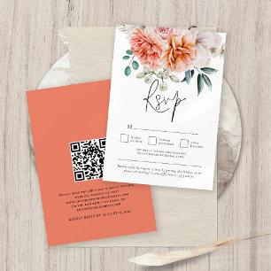 Peach Coral Peonies Blommigts QR Code Bröllop OSA Kort