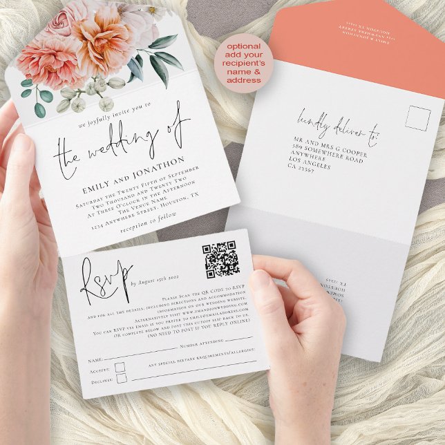 Peach Coral Peonies Blommigts QR-kodskript Bröllop (Convenient all in one invitation rsvp with optional recipient name and address)
