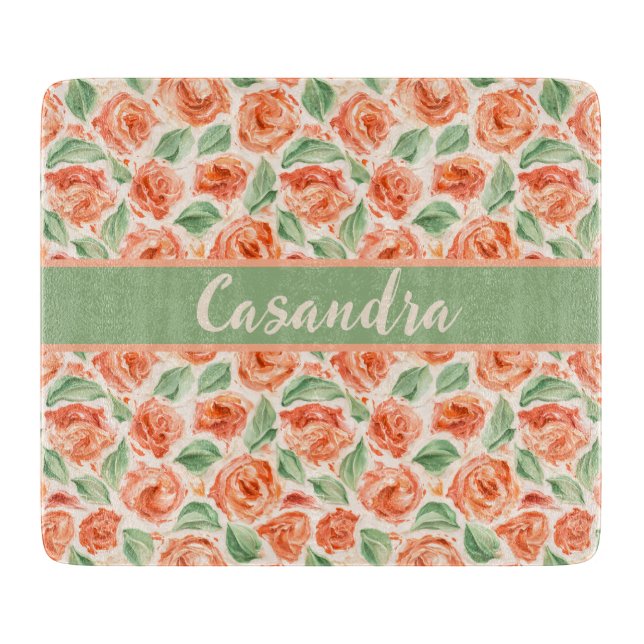 Peach Coral Rose Floral Monogram Name Kitchen  (Framsidan)