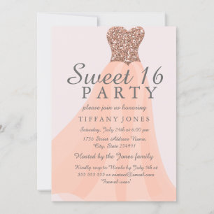 Peach Coral Sparkling Glitter Gown Sweet 16 Inbjud Inbjudningar