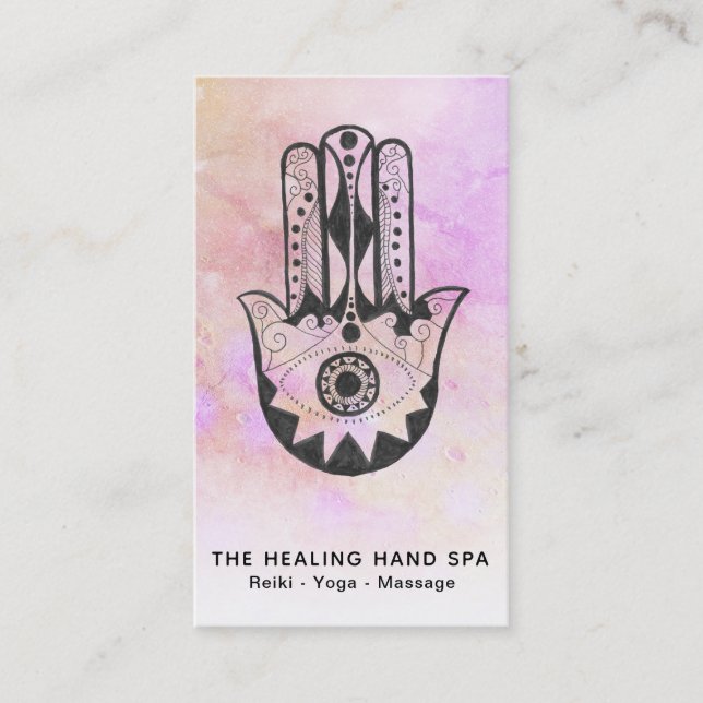 *~* Peach Crater of Måne Hamsa Hand of Fatima Yoga Visitkort (Framsida)
