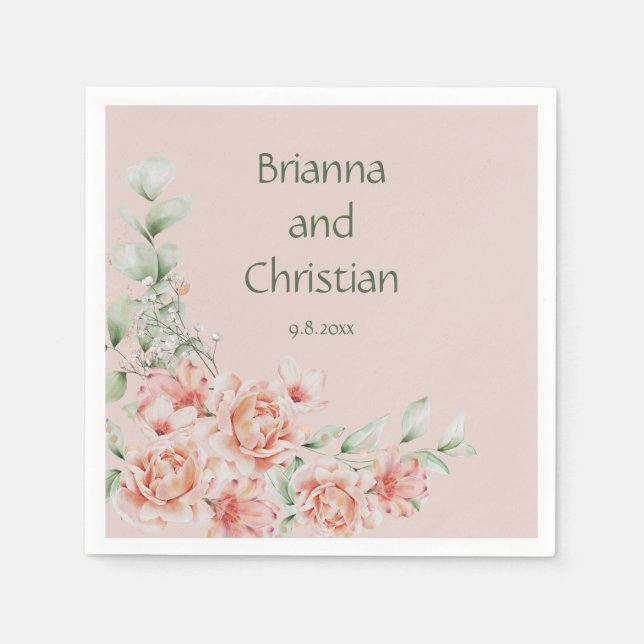 Peach Cream and Sage Grönt Romantic Blommigt Garde Pappersservett (Framsidan)