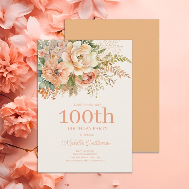 Peach Cream Blommigt 100:e födelsedagen Inbjudningar (Elegant peach and cream-colored 100th birthday party invitation)