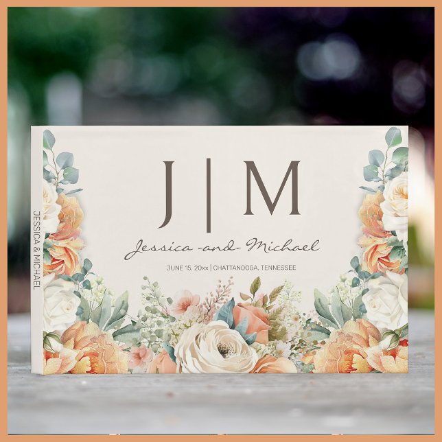 Peach Cream Blommigt Eucalyptus Bröllop Gästböcker (Elegant peach and cream-colored watercolor floral wedding guestbook)