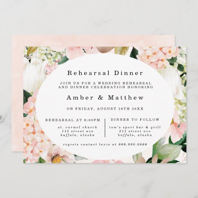 Peach Cream Hydrangeas Tulip Rehearsal Middag Inbjudningar (Fram/baksida)