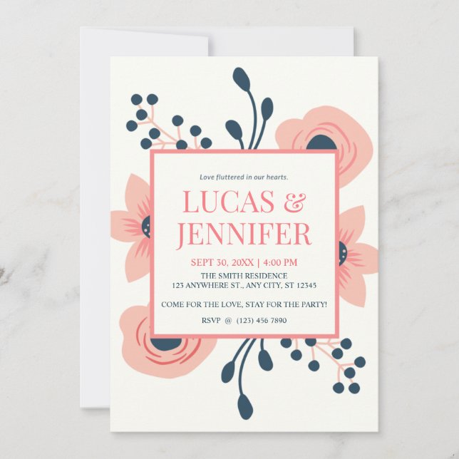 Peach Cream och Blåa blommor Rustic Bröllop Inbjudningar (Framsida)