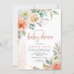 Peach Cream Vit ros Blommigt Guld Baby Shower Inbjudningar