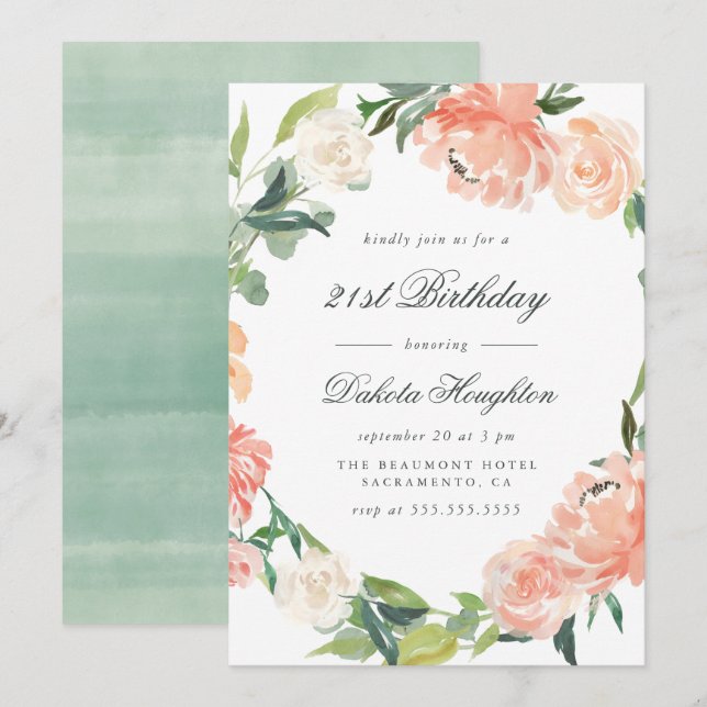 Peach & Cream Watercolor Peonies, Födelsedagsfest Inbjudningar (Fram/baksida)