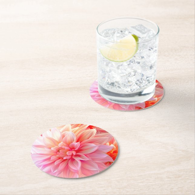 Peach  Dahlia Blommar Underlägg Papper Rund (Insitu)