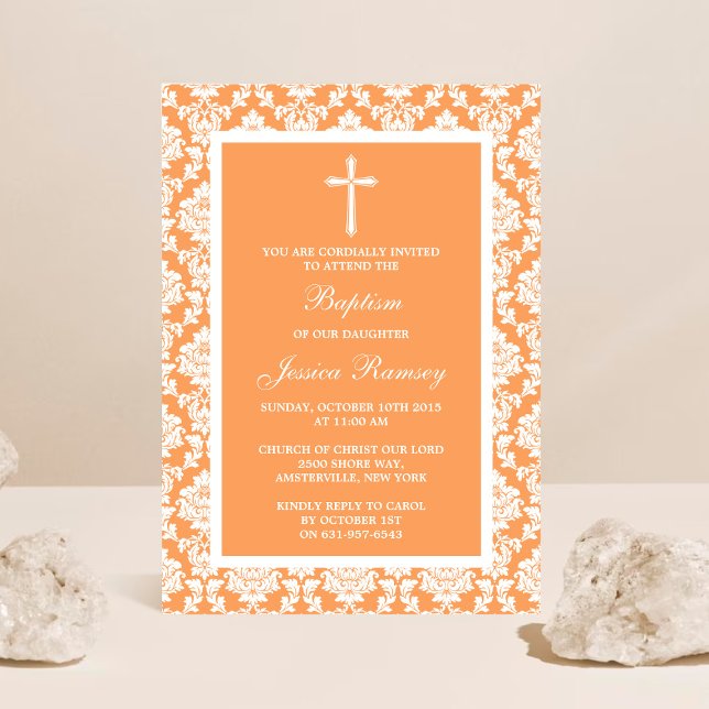 Peach Damask Kor, baptism eller julning Inbjudningar (Skapare uppladdad)