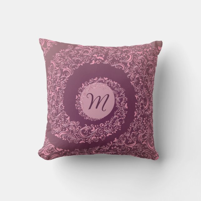 Peach Damask Monogram Kudde (Framsida)