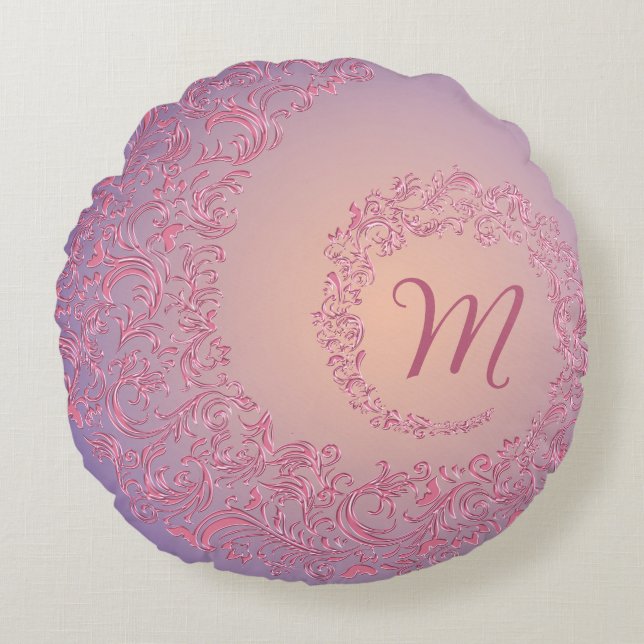 Peach Damask Monogram Rund Kudde (Framsidan)