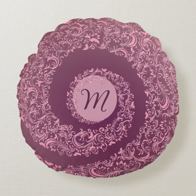 Peach Damask Monogram Rund Kudde (Framsidan)