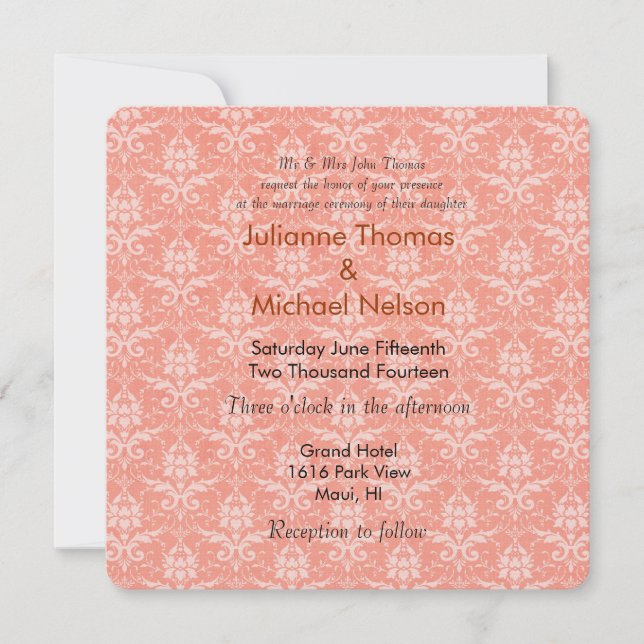 Peach Damask Wedding Inbjudningar (Framsida)