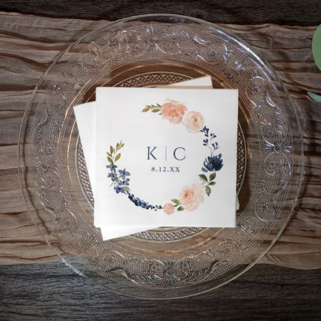 Peach & Dusty Blue Botanisk Trädgård Bröllopsdusch Pappersservett (Navy blue & peach wedding or bridal shower napkins - watercolor floral)