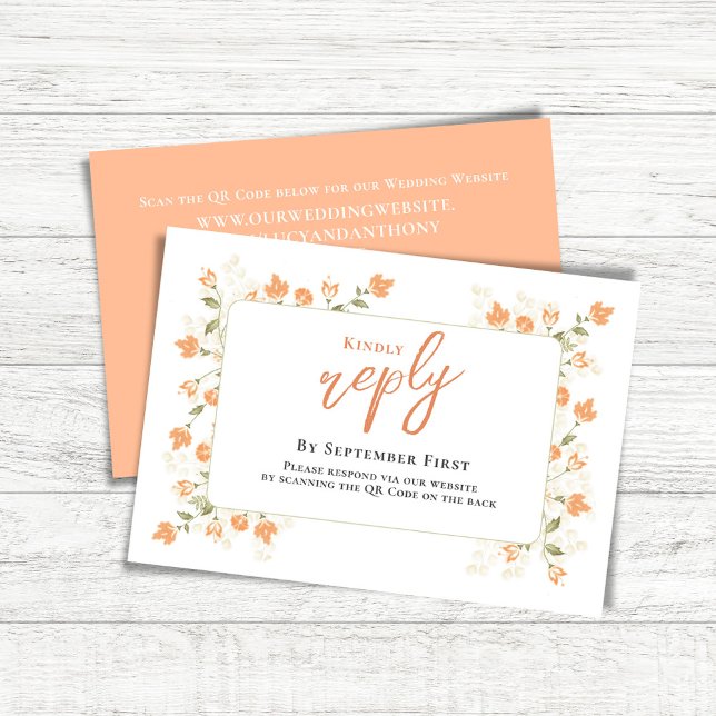 Peach Elegant bröllop Reply Anpassningsbar OSA Kort (Simple Wedding reply card with a peach floral background and QR code template.)